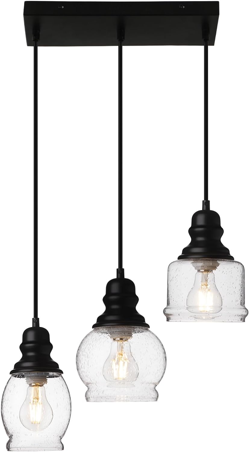 Industrial Pendant Lighting, Pendant Lights for Kitchen Island 3 Light Glass Pendant Light Fixture with Seeded Glass Shade, Adjustable Cord Farmhouse Ceiling Light Black Metal finish Linear Chandelier (Bl