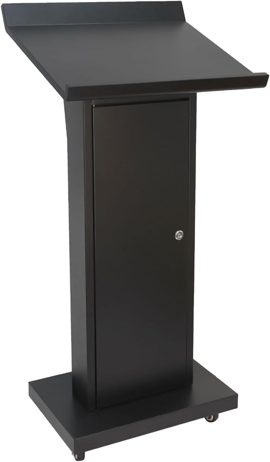 Podium Stand with 4 Locking Wheels, Lecterns & Podiums for Church School Office Conference Home, Heavy Duty Metal, Large Storage Area, Slant Desktop, 50.4" H