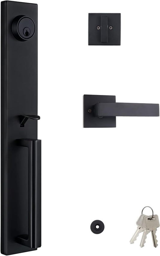 Virego Double Door Handle Set with Dummy, Iron Black Full Escutcheon Double Front Door Handle Set with Key, Heavy Duty Square Door Lever and Single Cylinder Deadbolt Combo (Iron Black, French Dou