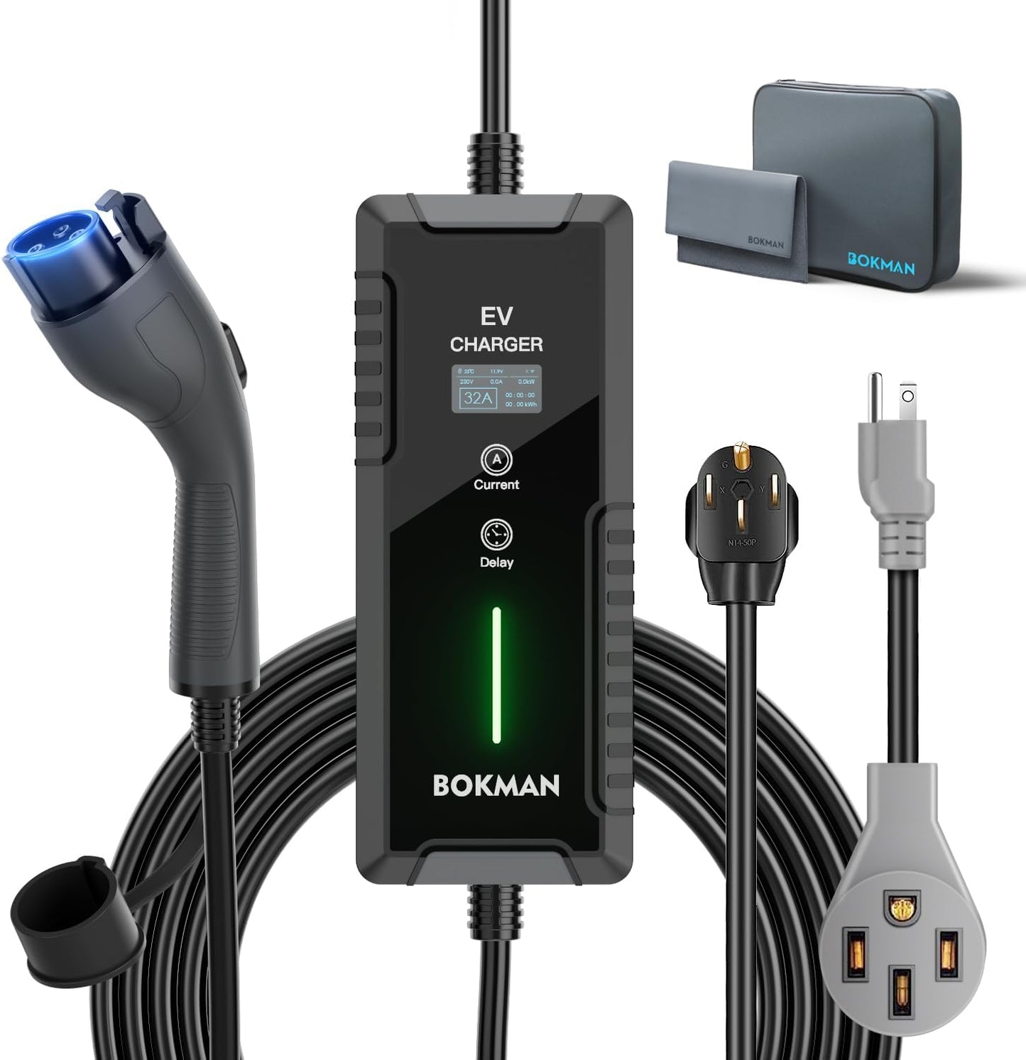bokman Portable Level 2 EV Charger (240V, 32A) with 25ft Charging Cable and NEMA 14-50 for SAE-J1772 Electric Vehicles Current Adjustable and Reservation Charging Function