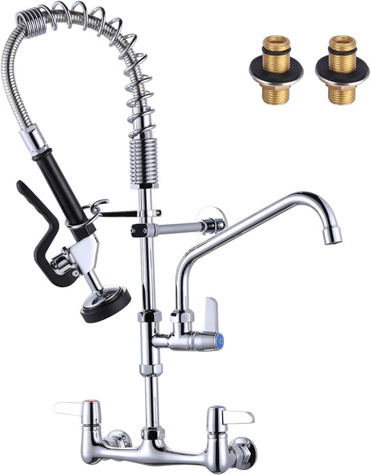 WOWOW Commercial Kitchen Faucet with Pull Down Pre-Rinse Sprayer, 8 Inch Adjustable Center Wall Mount Kitchen Sink Faucet 25" Height Kitchen Tap with 9.6" Add-on Swing Spout Sink Faucet Chrome