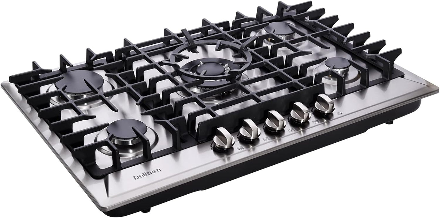 30 Inch Gas Cooktop DT5703 Built-in Stainless Steel 5 Burners Gas Stovetop LPG/NG Convertible Dual Fuel Gas Hob