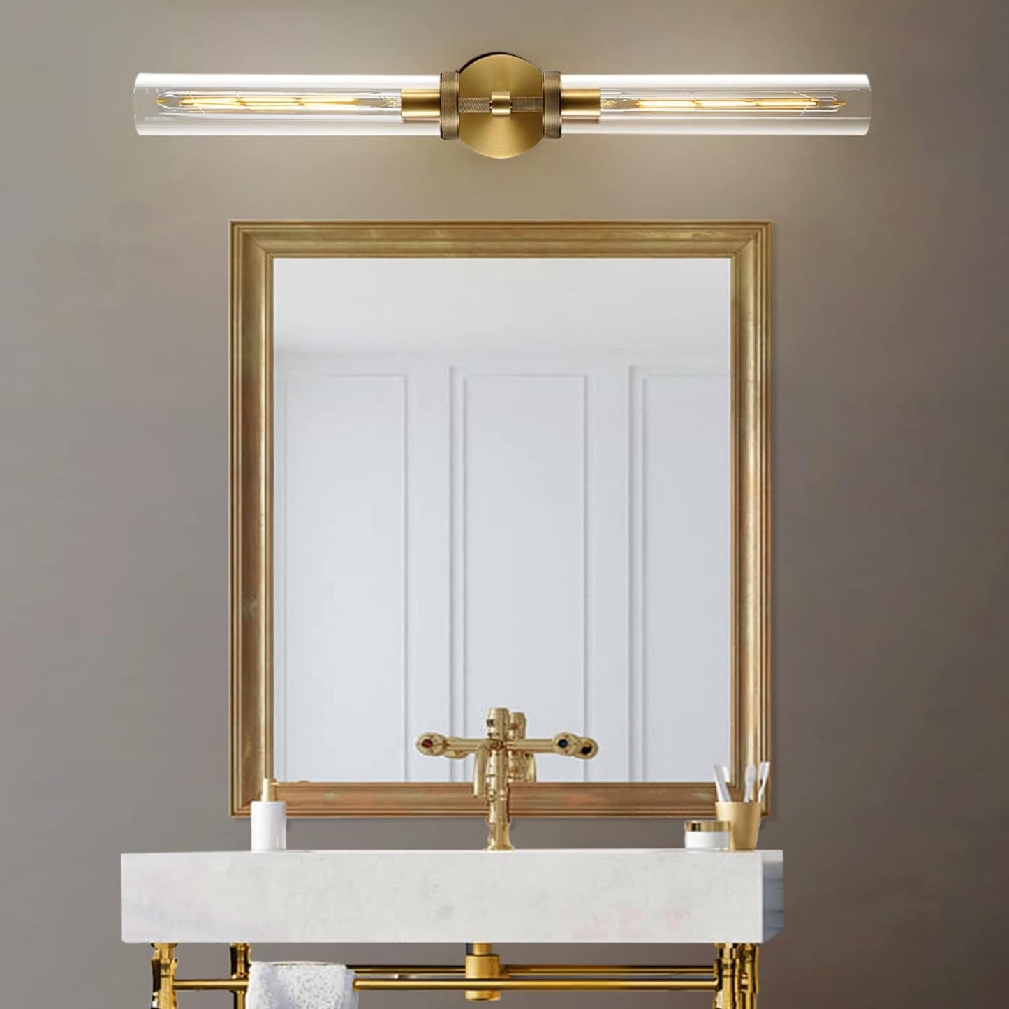 Double Lights Brass Wall Sconces, 30' Knurled Grand Linear Sconce Staircase Gold Sconces Wall Lighting Glass Bathroom Wall Sconces, Vanity Lighting Sconce Light Wall Lights for Living Room, Bedroom (30'