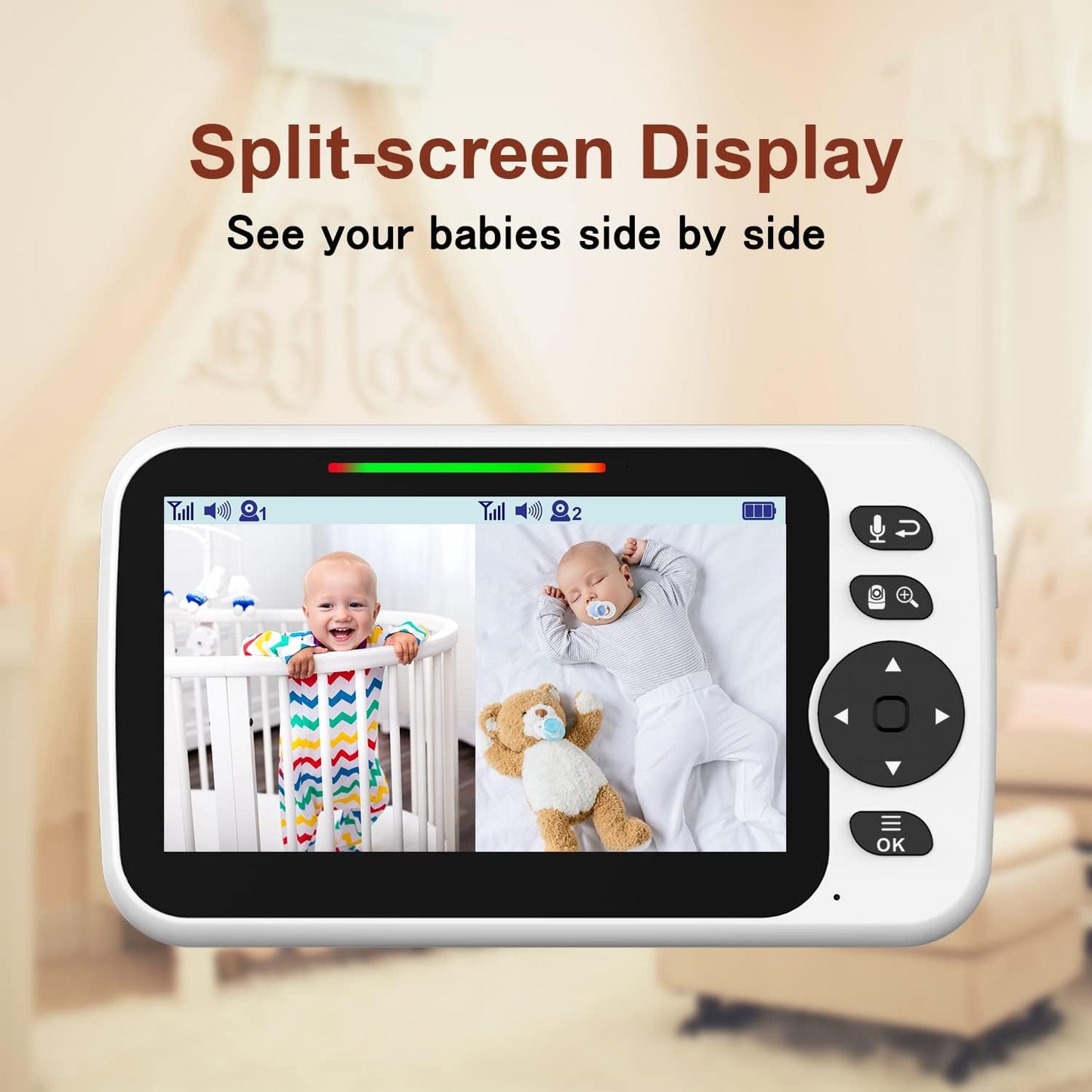 Blemil Upgrade Baby Monitor with 30-Hour Battery, 5" Large Split-Screen Video Baby Monitor with 2 Cameras and Audio, Remote Pan/Tilt/Zoom, Two-Way Talk, Room Temperature, Auto Night Vision (B