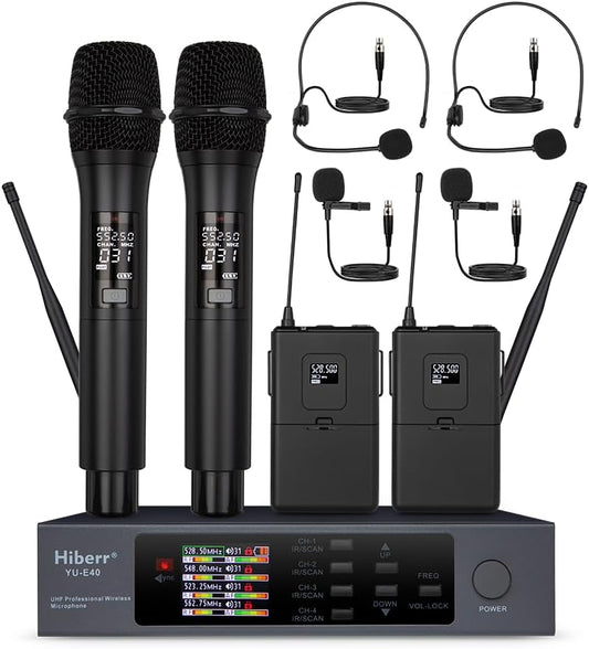 Hiberr Wireless Microphone System, 4 Channels Adjustable UHF Wireless Microphone Metal Shell Vocal Wireless Mic for Church, Party, Singing, SpeechYU-E