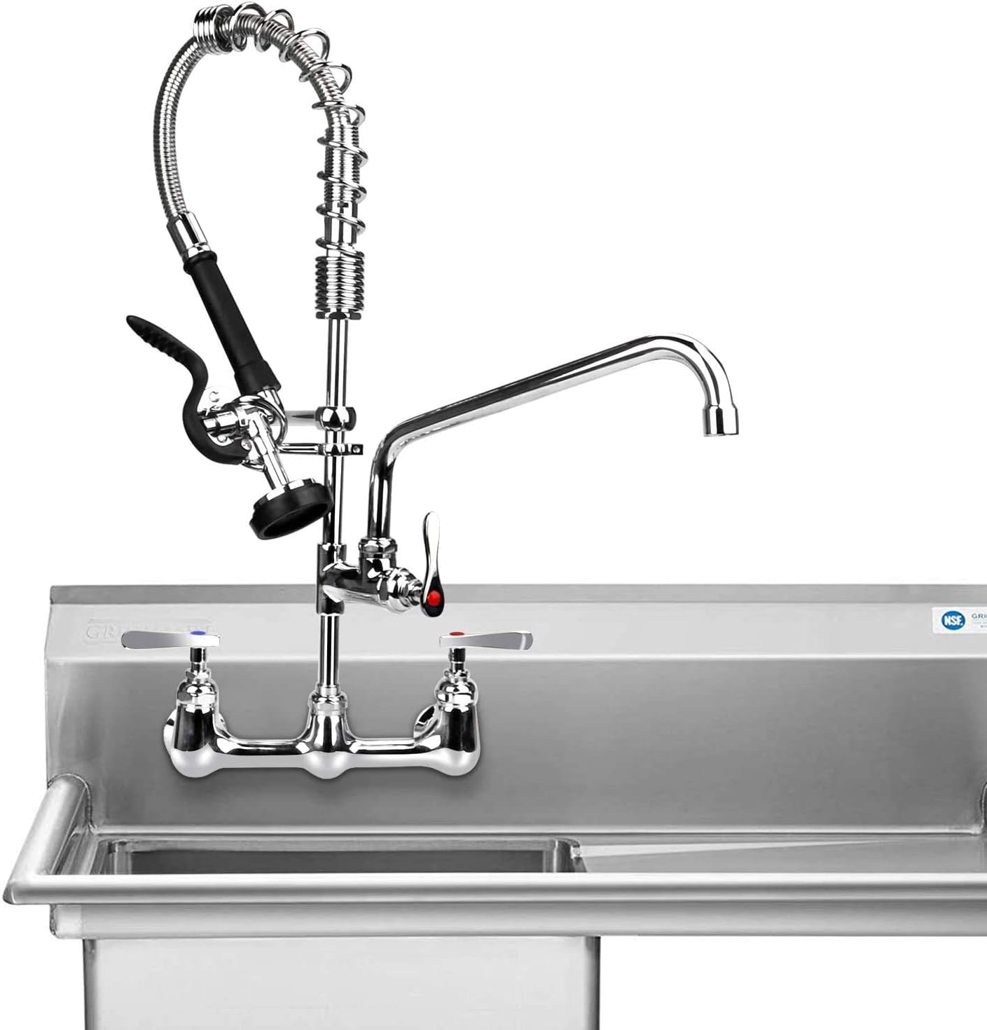 TNROTED 8 inch Center Commercial Faucet with Pre-Rinse Sprayer, 25" Height Commercial Wall Mount Restaurant Kitchen Sink Faucet and 12" Swivel Spout Fit for 1 or 2 Compartment Sink, Brass Chrome