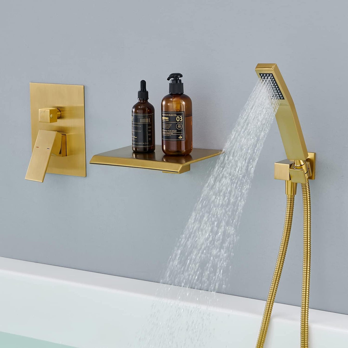 Jabbol Waterfall Tub Faucet Wall Mount Roman Tub Filler Brushed Gold Single Handle Brass Bathroom Bathtub Faucet with Hand Shower (Brushed Gold)