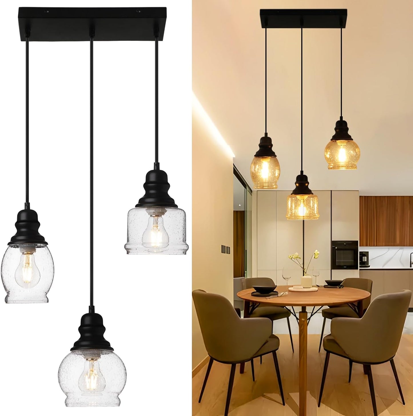 Industrial Pendant Lighting, Pendant Lights for Kitchen Island 3 Light Glass Pendant Light Fixture with Seeded Glass Shade, Adjustable Cord Farmhouse Ceiling Light Black Metal finish Linear Chandelier (Bl