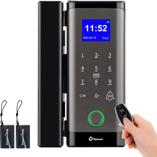 Hysoon Digital Glass Door Lock, Password/Fingerprint/Card/Remote Control/Key Five in One Smart Glass Door Lock with Emergency Power Supply, Low Battery Reminder, Auto-Lock, No Drill Required
