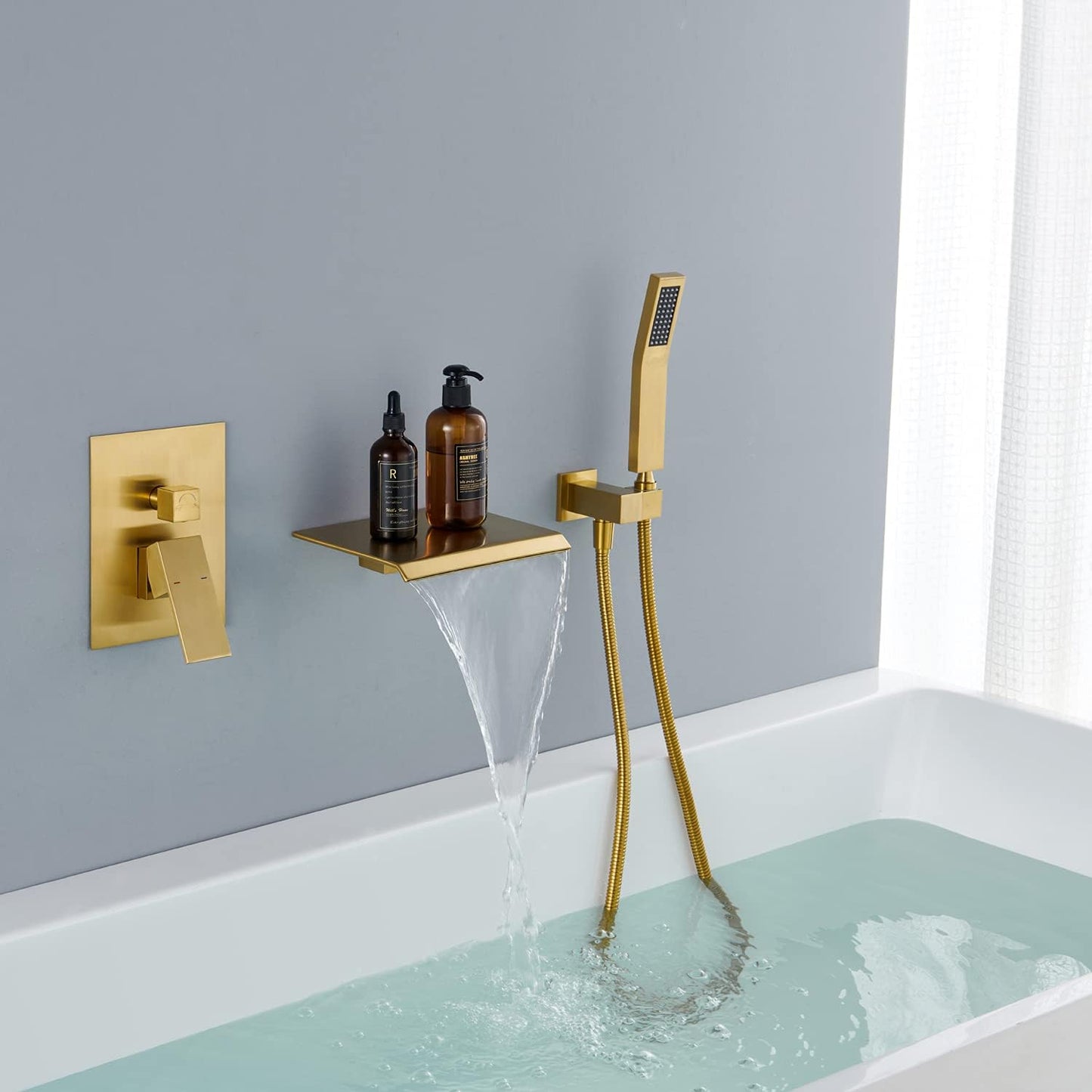 Jabbol Waterfall Tub Faucet Wall Mount Roman Tub Filler Brushed Gold Single Handle Brass Bathroom Bathtub Faucet with Hand Shower (Brushed Gold)