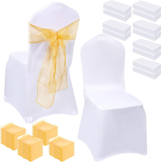 Peryiter 200 Pcs White Chair Covers Set Include 100 Stretch Spandex White Chair Covers and 100 Chair Bows Yellow Sashes f
