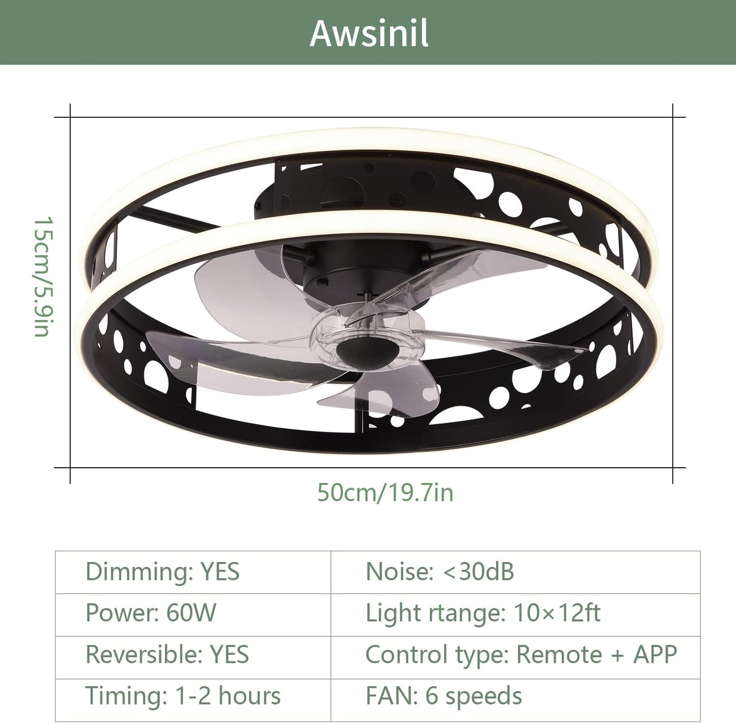 Awsinil Ceiling Fan with Lights, Low Profile 20in Reversible Ceiling Fans with Light and Remote, Modern 6 Speeds Fans Flush Mount for Bedroom Living Dining Room (Black)