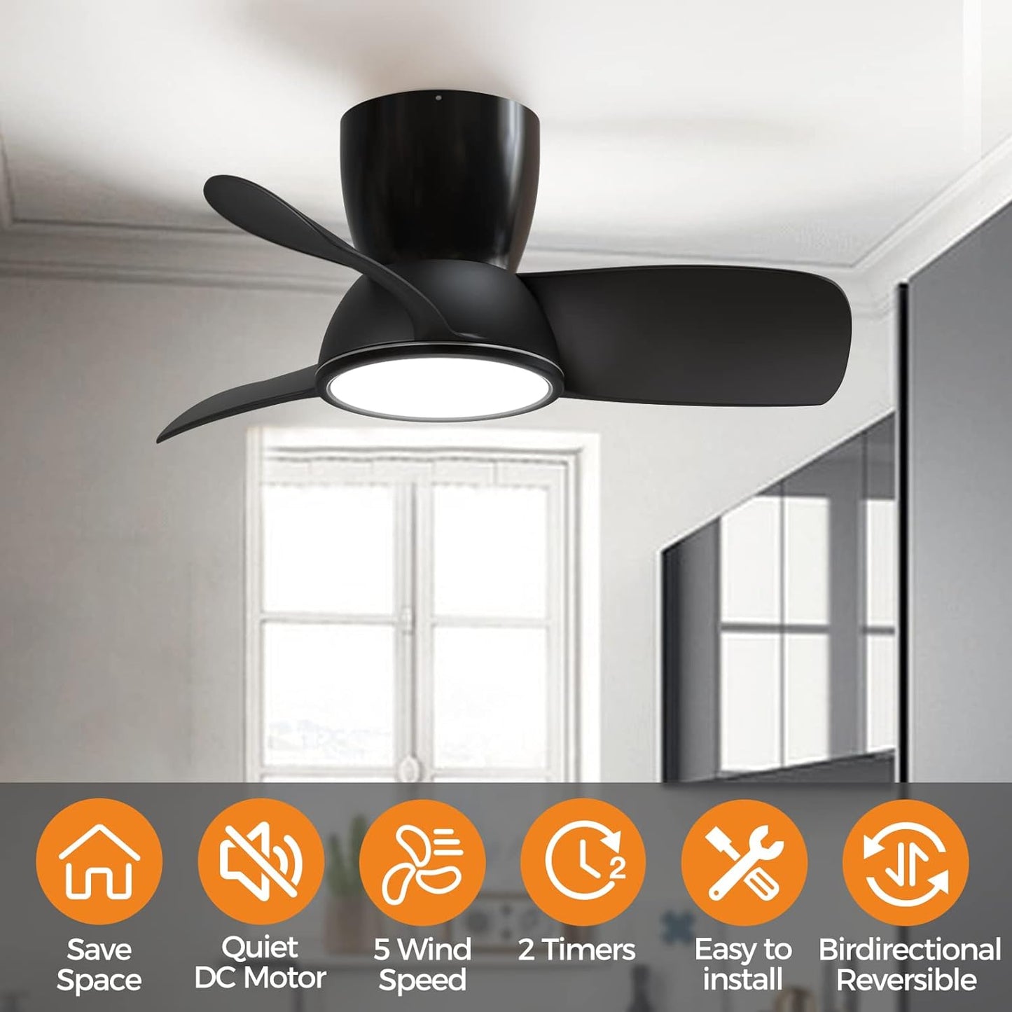 slochi Quiet Ceiling Fan with Lights, 32 inches Large Air Volume Remote Control Ceiling Fan Adjustable Color Temperature Flush Mount Ceiling Fan for Kitchen Bedroom Dining room Patio (Black, 32 inch)