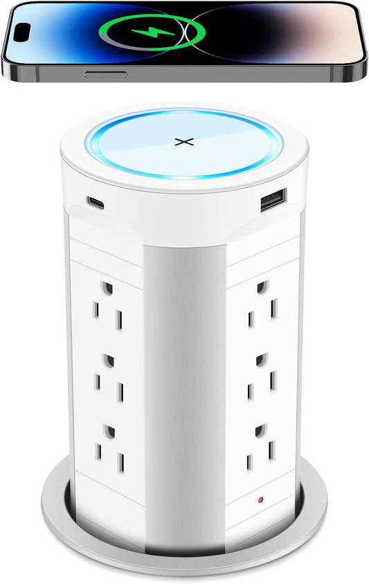 Pop Up Outlet for Countertop Kitchen,45W USB C Counter Charging Station,12 Outlets & 4 USB Ports & 15W Wireless Charger, 4"Hole Desktop Power Grommet, Island Pop Up Electrical Outlets, Power Su