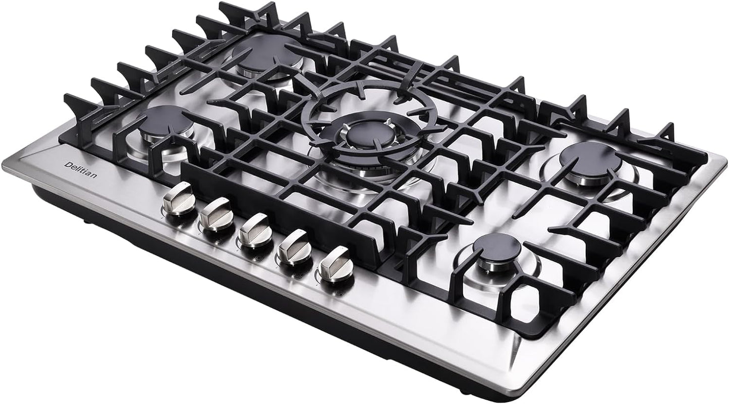 30 Inch Gas Cooktop DT5703 Built-in Stainless Steel 5 Burners Gas Stovetop LPG/NG Convertible Dual Fuel Gas Hob