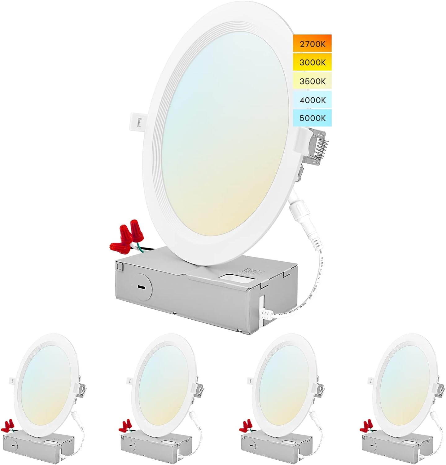 LUXRITE 8 Inch Ultra Thin LED Recessed Lighting, 23W, 5 Color Selectable 2700K | 3000K | 3500K | 4000K | 5000K, CRI 90, 1800 Lumens, Dimmable LED Wafer Lights, Wet Rated, Baffle Trim (4 Pack)