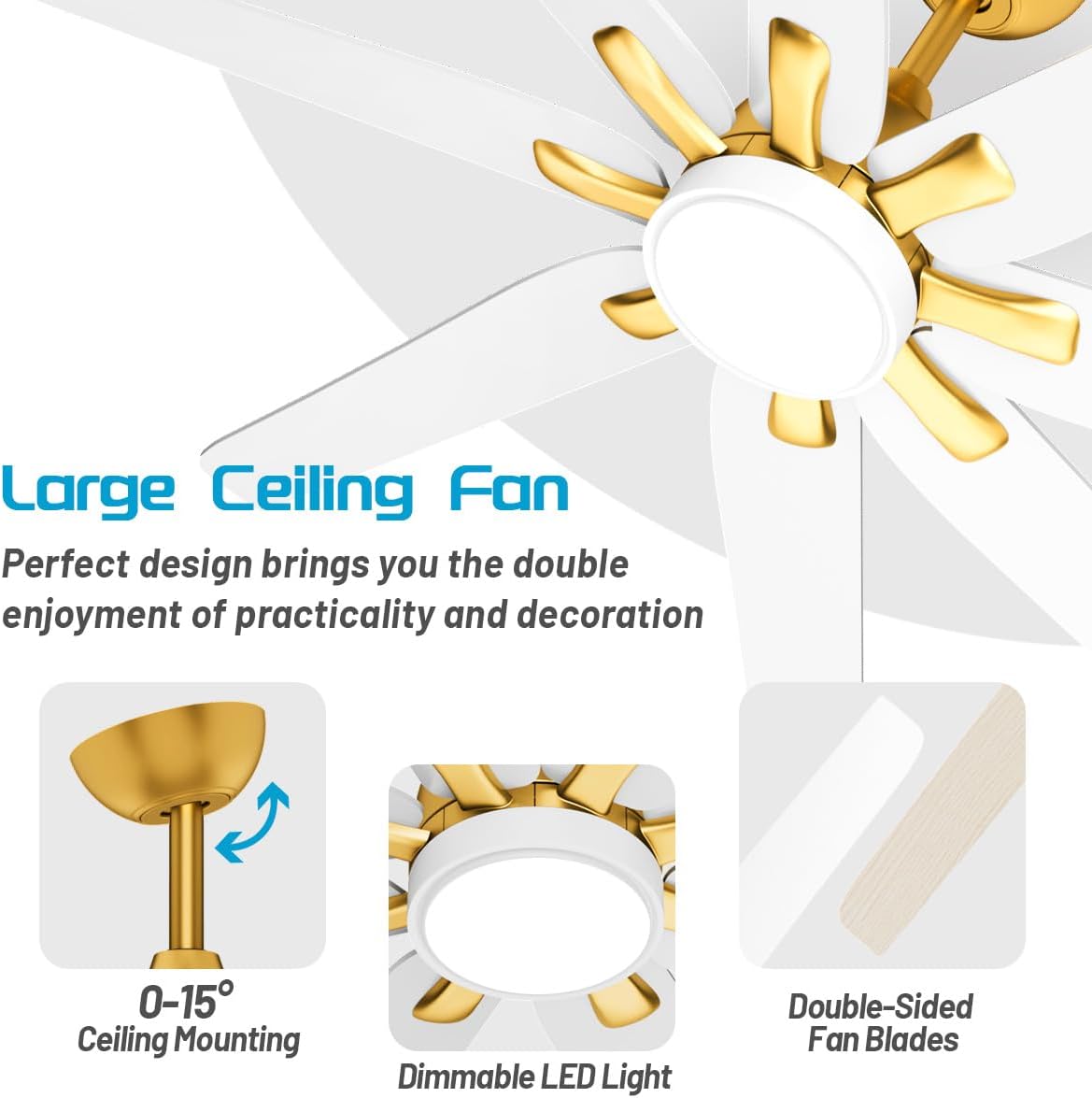 wurzee Large 72" Industrial Large Ceiling Fans with Light and Remote 6 Speed Reversible DC Motor Dimmable Timing LED White and Gold Modern Ceiling Fan for Indoor or Covered Outdoor Kitchen