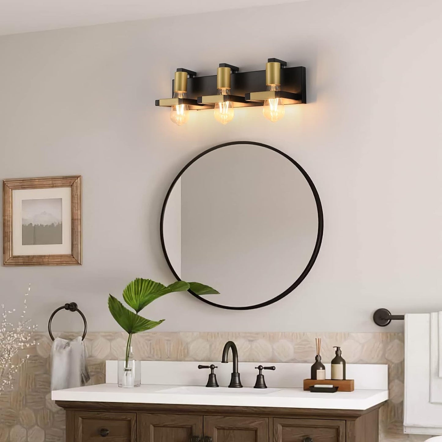 PIPI HARE Modern Vanity Light 3 Light Matte Black and Gold Bathroom Light Fixtures Vintage Industrial Style Wall Sconce Lighting Bathroom Vanity