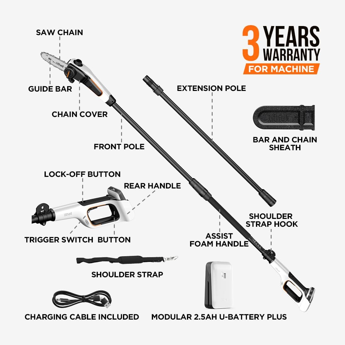 Litheli U20 Pole Saw for Tree Trimming, 8'' Electric Cordless Pole Saws, Battery Tree Trimmer 27.5ft/s Cutting Speed with 2.5Ah Battery for Branch Cutting, Trimming, Pruning