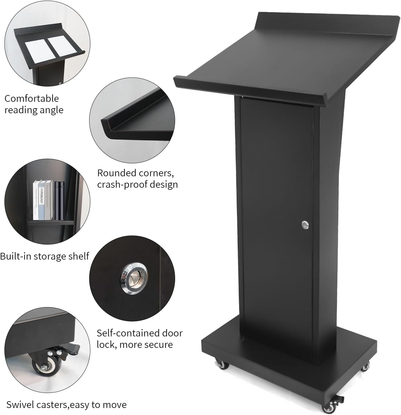 Podium Stand with 4 Locking Wheels, Lecterns & Podiums for Church School Office Conference Home, Heavy Duty Metal, Large Storage Area, Slant Desktop, 50.4" H