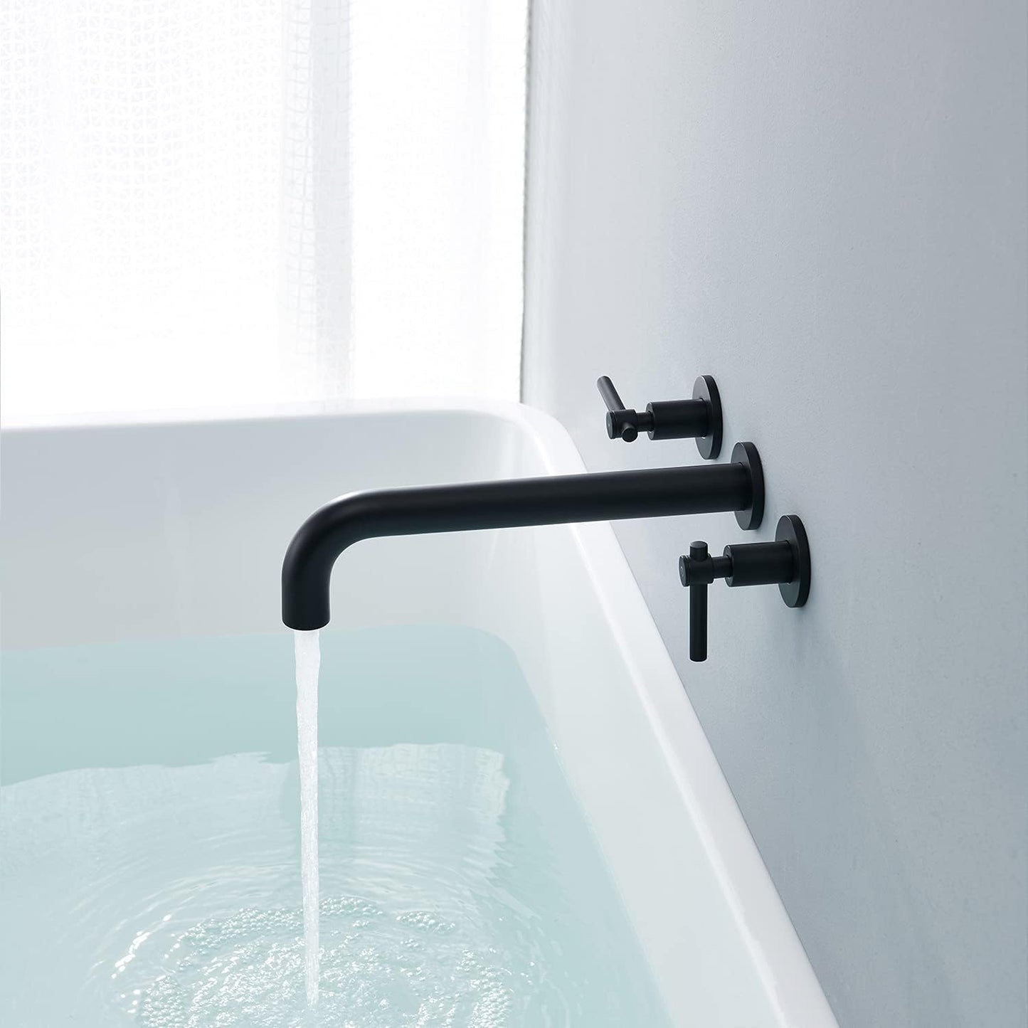 Wowkk Tub Filler Wall Mount Tub Faucet Black Brass Bathroom Bathtub Faucets with 2 Handles (Black)