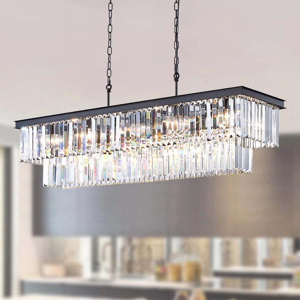 LIZZTREE Modern Black Crystal Chandelier Lighting - L59 Inch, 17 Lights Rectangle Ceiling Hanging Chandelier, Pendant Light for Dining Room, Kitchen Island, Bar