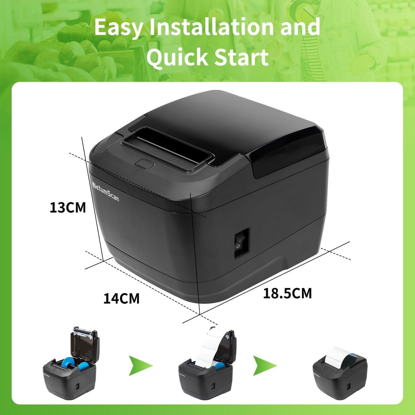 80mm Thermal Receipt Printer, USB POS Printer with Auto Cutter Cash Drawer, USB Serial Ethernet Interface Support Windows/Mac/Linux, Restaurant