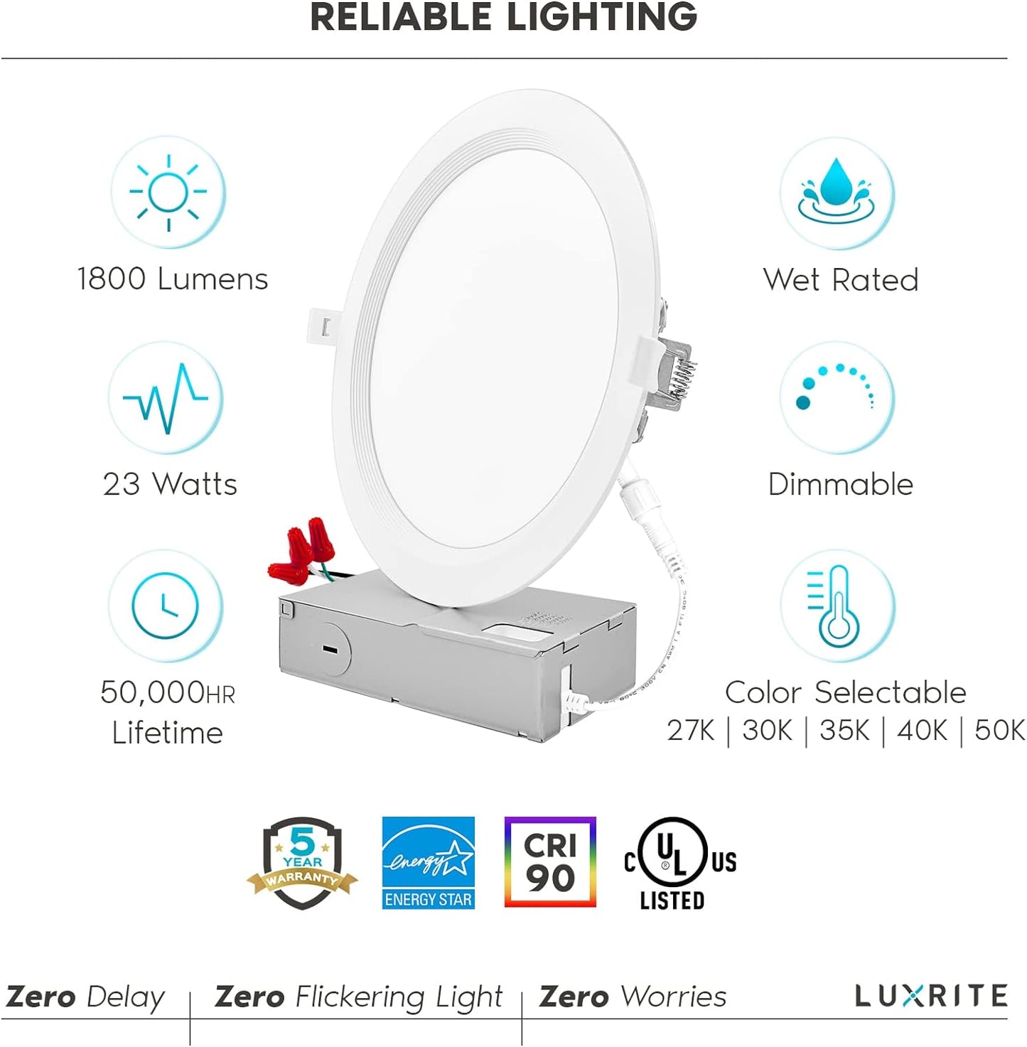 LUXRITE 8 Inch Ultra Thin LED Recessed Lighting, 23W, 5 Color Selectable 2700K | 3000K | 3500K | 4000K | 5000K, CRI 90, 1800 Lumens, Dimmable LED