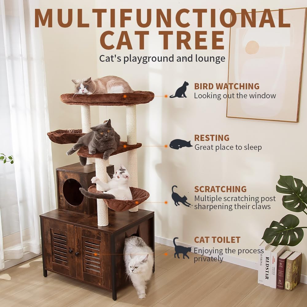 DOICAH Cat Litter Box Enclosure with Cat Tree,Cat Litter Box Furniture,2-in-1 Rustic Cat Tree Tower with Large Plush Perch Platform Hammock and Condo,Hidden Cat Washroom,Hidden Cat Litter Box