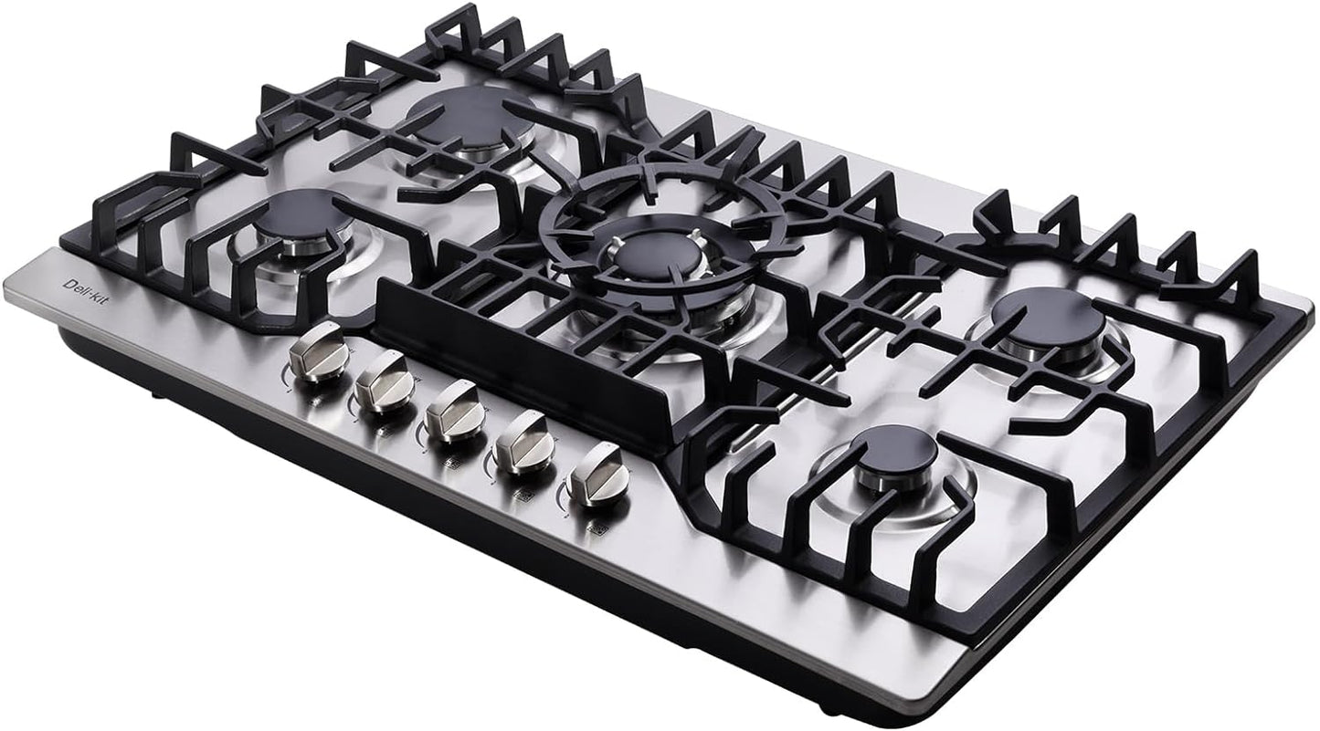 Deli-kit 30 Inch Gas Cooktop, Stainless Steel Built-in 5 Burners Stovetop Dual Fuel Gas Hob NG/LPG Convertible Gas Cooktop DK5712