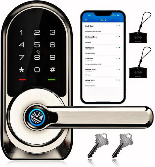 Fingerprint Door Lock with Handle, Smart Door Lock, Metal Silver