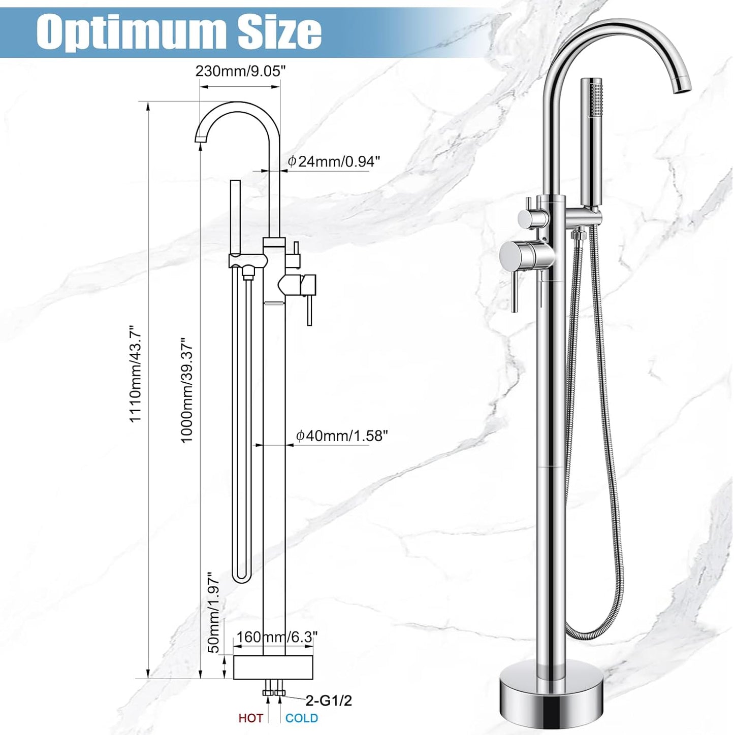 Freestanding Bathtub Faucet Polished Chrome Free Standing Floor Mounted Tub Faucet Tub Filler, Bathroom High Flow Shower Faucets with Handheld Shower (Polished Chro
