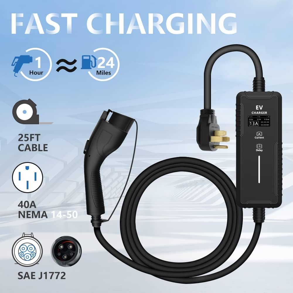 Level 2 Electric Vehicle (EV) Charger(16-32Amp, 110-240V, NEMA 14-50PNEMA 5-20P),Indoor/Outdoor Portable EVSE Electric Vehicle Charger,Compatible with J1772 EVs