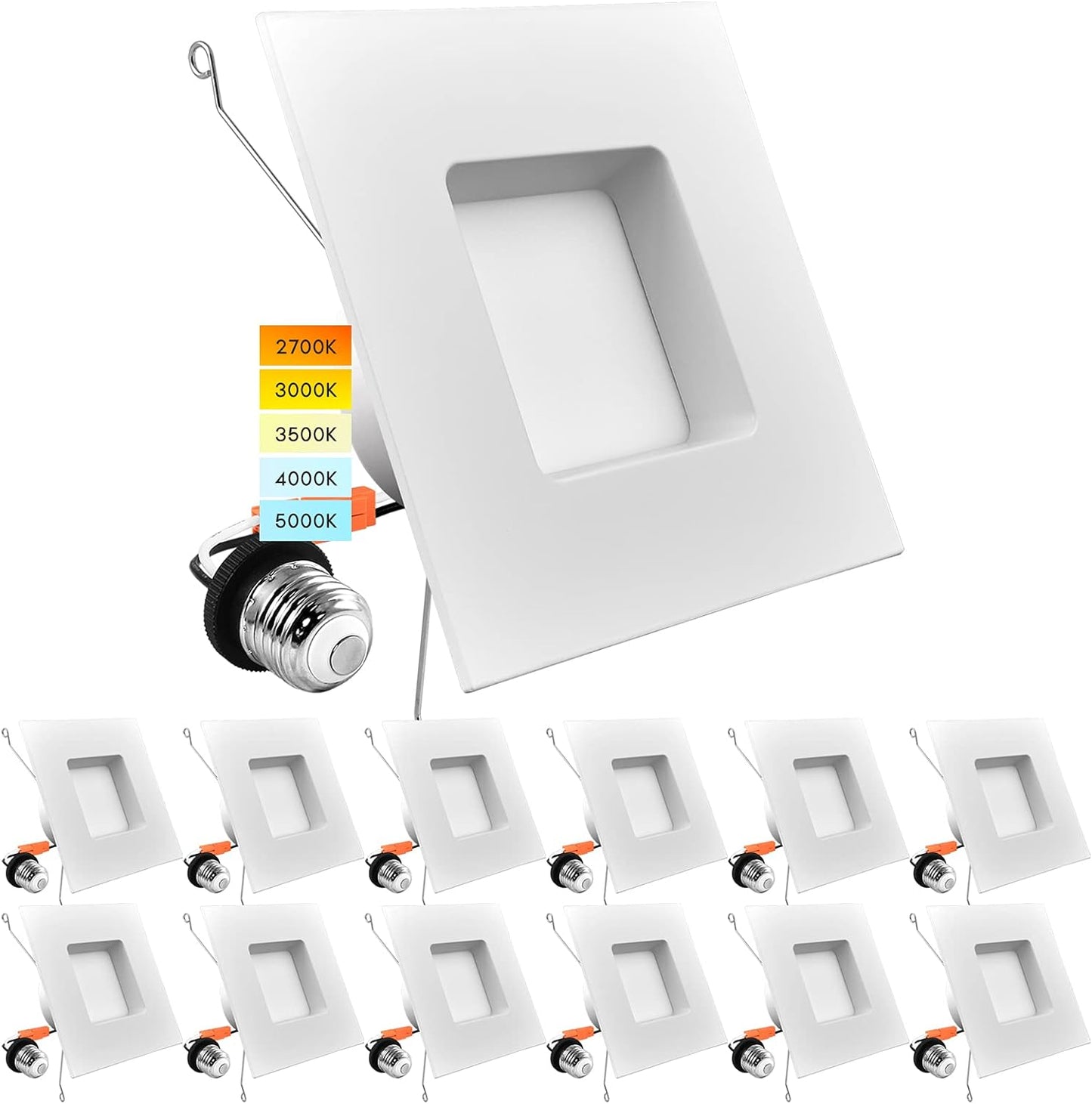 LUXRITE 12 Pack 5/6 Inch LED Square Recessed Lighting, 14W=90W, 5 Color Selectable 2700K | 3000K | 3500K | 4000K | 5000K, Dimmable LED Downlight, 1100 Lumens, Wet Rated, Energy Star, IC Rated