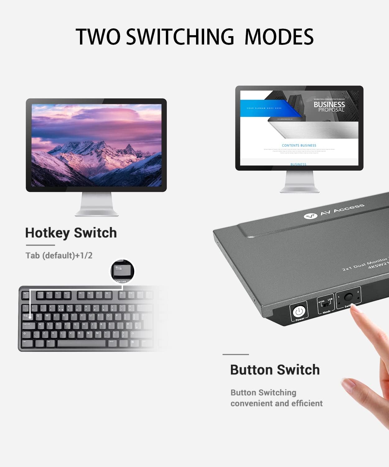 Advanced Dual Monitor KVM Switch by AV Access: 4K@60Hz, 2K@144Hz, 1080P@240Hz - Seamlessly Switch Between 2 Computers, USB 3.0 Connectivity