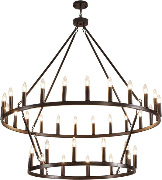 2 Tiers 48 Inch Black Wagon Wheel Chandelier, 36 Lights E12 Bulb Base Extra Large Farmhouse Industrial Hanging Chandeliers, Round Rustic Lighting