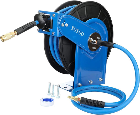 YOTOO Heavy Duty Steel Retractable Hose Reel - 3/8 in. X 50 ft. Flexible Hybrid Air Hose, Solid Brass Coupler Fittings, Auto Rewind, No Kinking