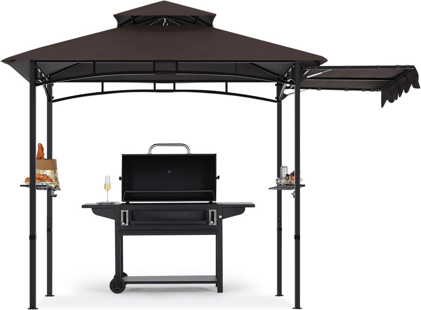 MASTERCANOPY 11 x 5 Grill Gazebo with Extra Side Awning Outdoor BBQ Gazebo with 2 LED Lights for Patio Party Backyard Picnic(Brown) (Brown, 5x11)