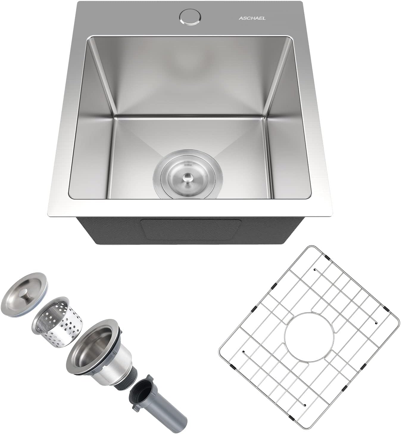Aschael Bar Sink Drop In,15x15x10 Inch Top Mount Kitchen Sink 16 Gauge Stainless Steel Sink Single Bowl Kitchen Sinks, Deep Kitchen Sink Bar Prep Sink RV Sink with Strainer & Bottom Grid (15*15*10 i