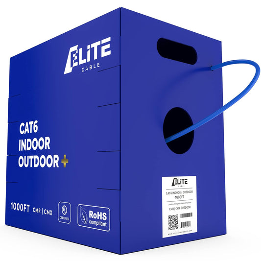 Elite Cat6 Indoor/Outdoor Ethernet Cable - 23AWG, 1000ft, 600MHz, 5+ dB, High Performance, UL Listed, LP Rated, Blue