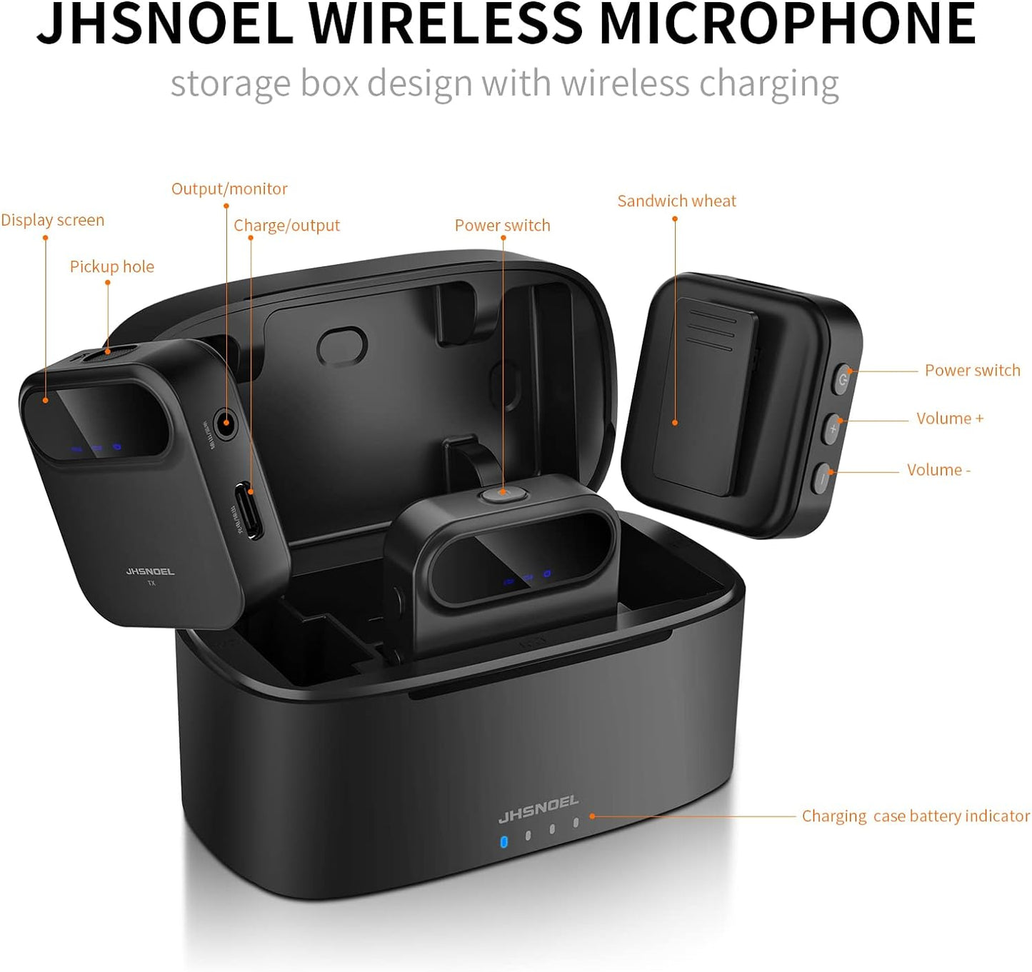 JHSNOEL Mic(2 TX+1 RX+Charging Case),Wireless Lavalier Microphone,20Hr Battery,Strong Noise Cancellation,Lapel Wireless Microphone for DSLR Cameras/PC/iPhone/Andriod/Recording Interview/V
