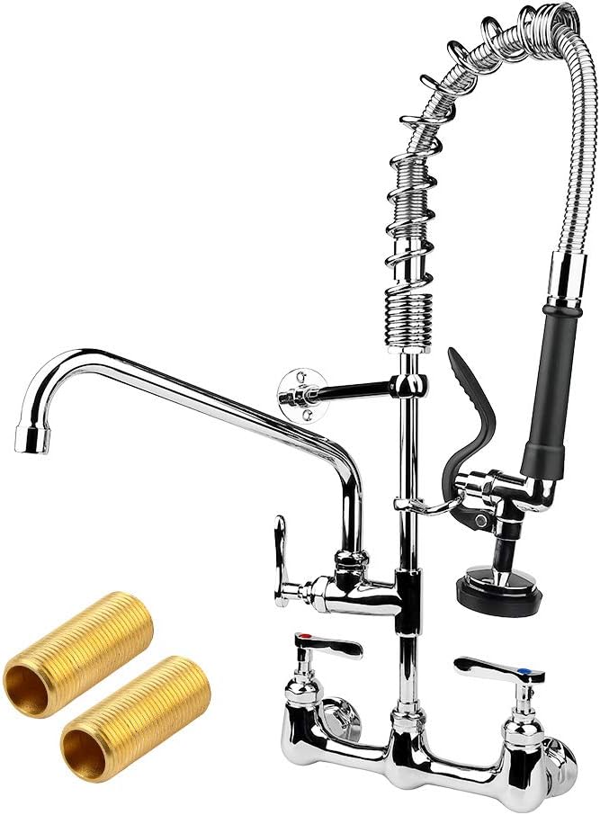 TNROTED 8 inch Center Commercial Faucet with Pre-Rinse Sprayer, 25" Height Commercial Wall Mount Restaurant Kitchen Sink Faucet and 12" Swivel Spout Fit for 1 or 2 Compartment Sink, Brass Chrome