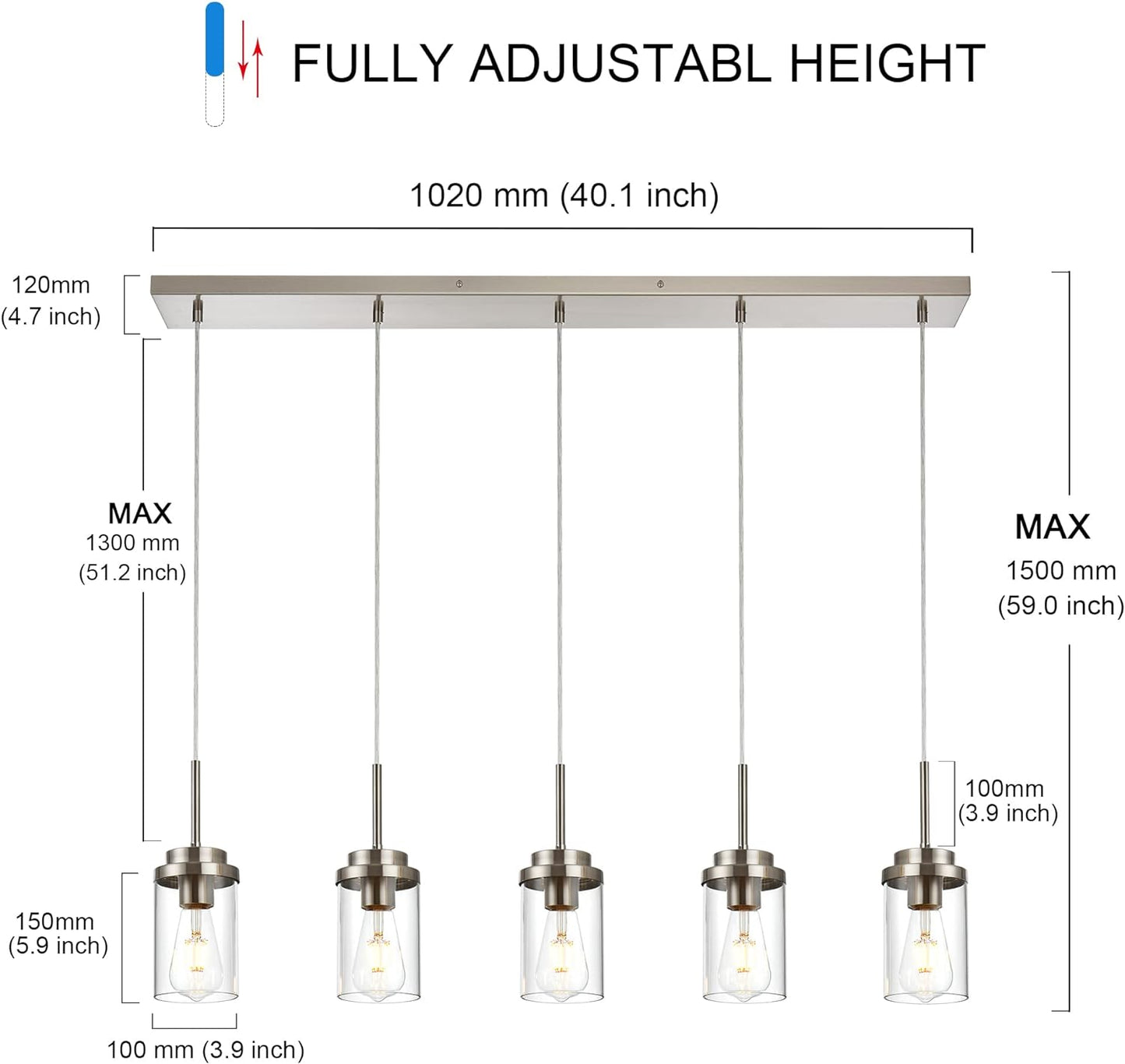 MELUCEE 5 Lights Kitchen Island Lighting Modern Linear Chandeliers for Dining Room, Industrial Brushed Nickel Pendant Light Fixtures Ceiling Hanging