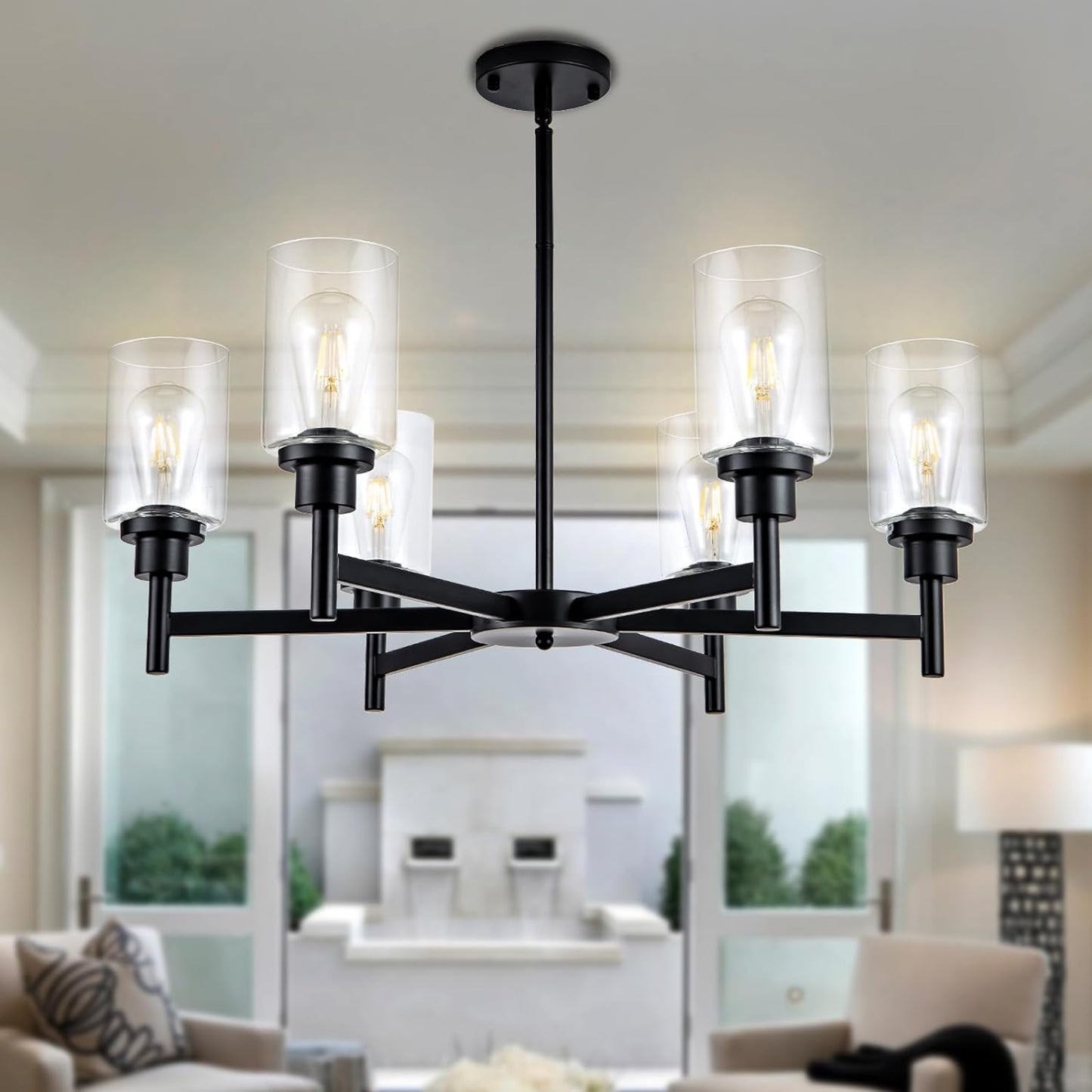 HCCZ 6 Light Farmhouse Chandelier Black Dining Room Light Fixture Over Table Industrial Hanging Pendant Lighting for Living Room Foyer Kitchen Island Adjustable Height E26 Socket with Glass Shad