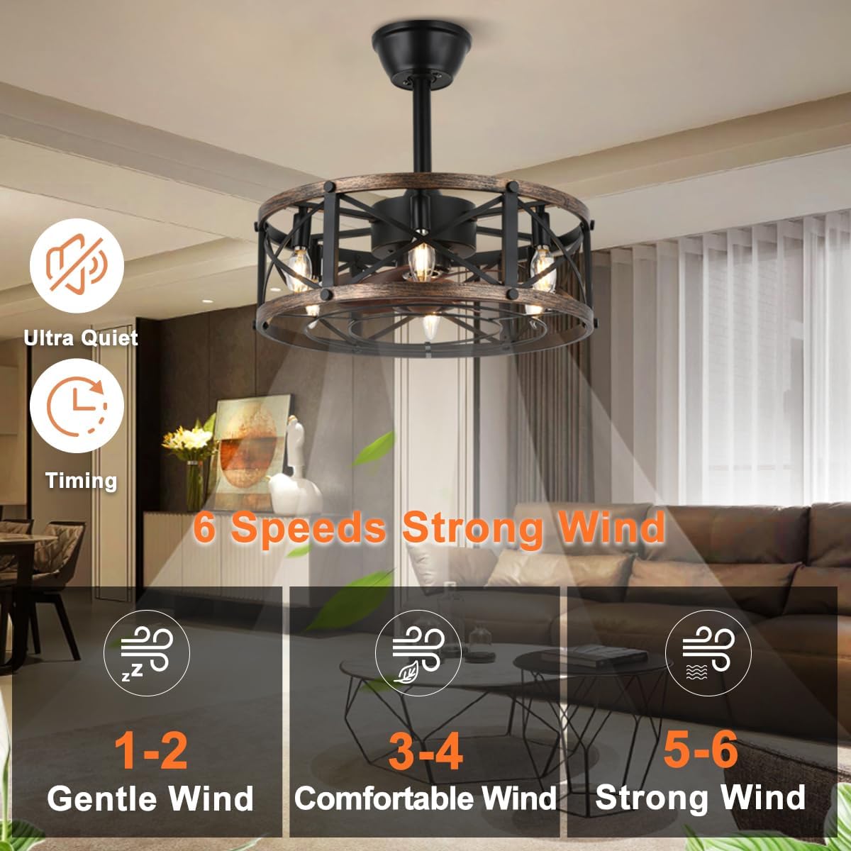 SHLUCE 19" Farmhouse Caged ceiling fan with light, 6 Speed, 6-Light, Fandelier Bladeless Ceiling Fans with Lights, Low Profile Enclosed Small Ceiling Fans for Farmhouse, Bedroom, Black (Black Gold)