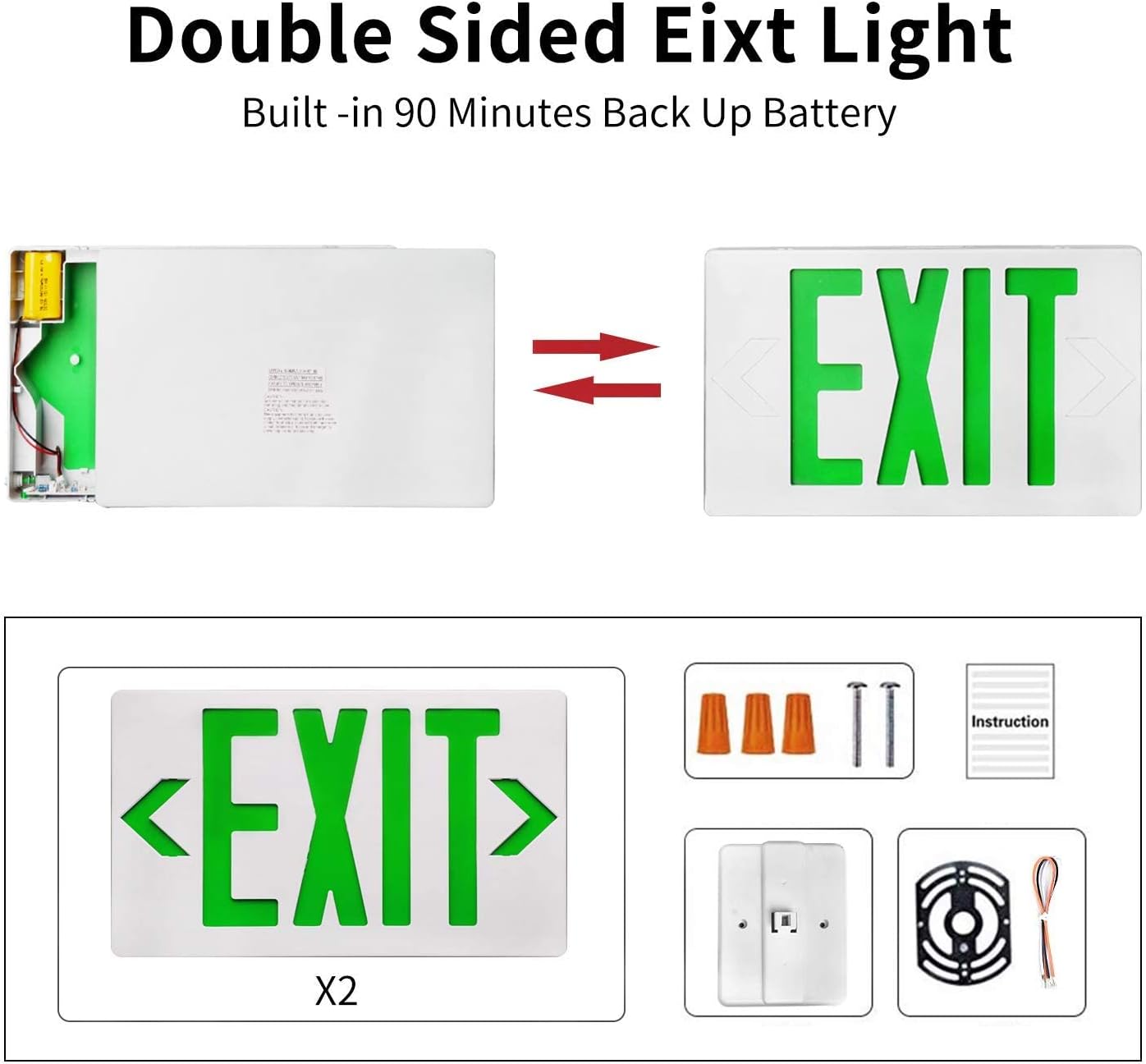 AKT LIGHTING GREEN LED Exit Sign Emergency Light with Battery Backu, Double Face Hardwired GREEN Letter Emergency Exit Lighting For, Restaurant, Commercial, Supermarket, UL-Listed, 120-277