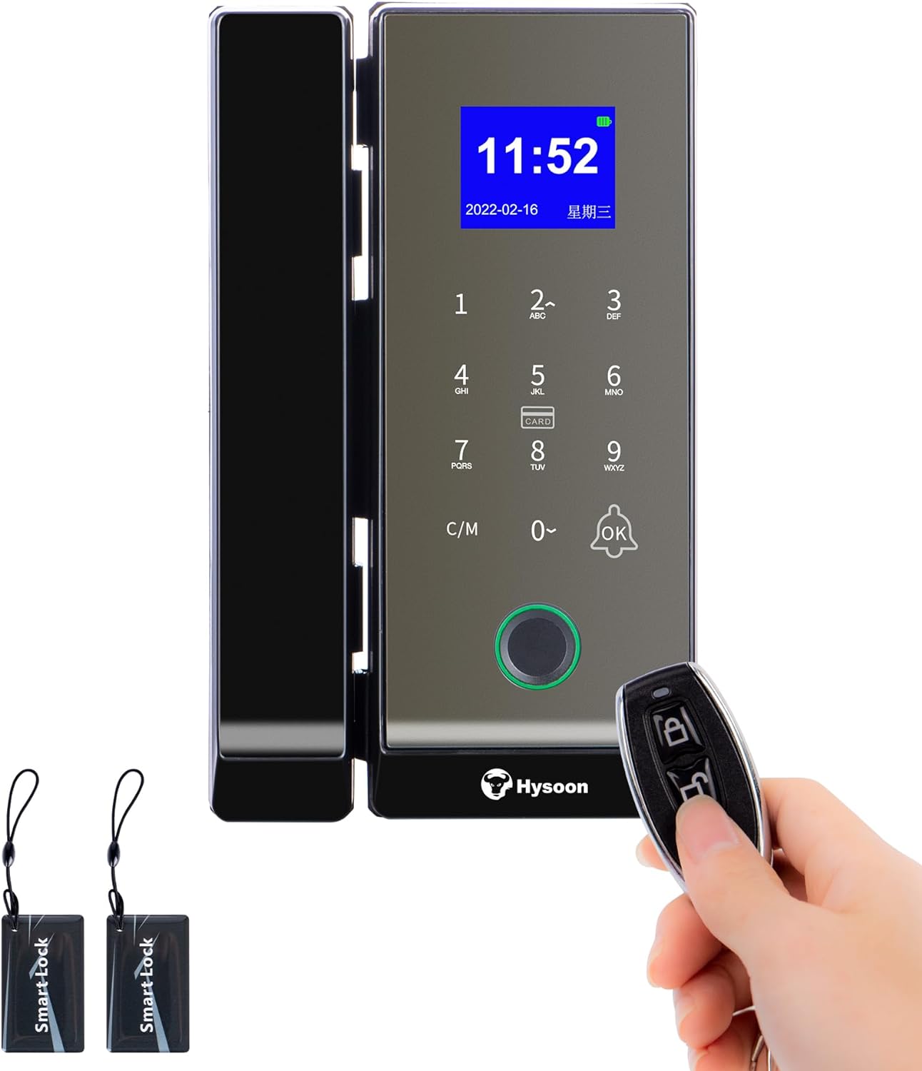 Smart Glass Door Lock, Hysoon Keyless Entry Digital Door Lock, Fingerprint/Remote Control/Password/Card/Key Five in One Lock for Glass Door with