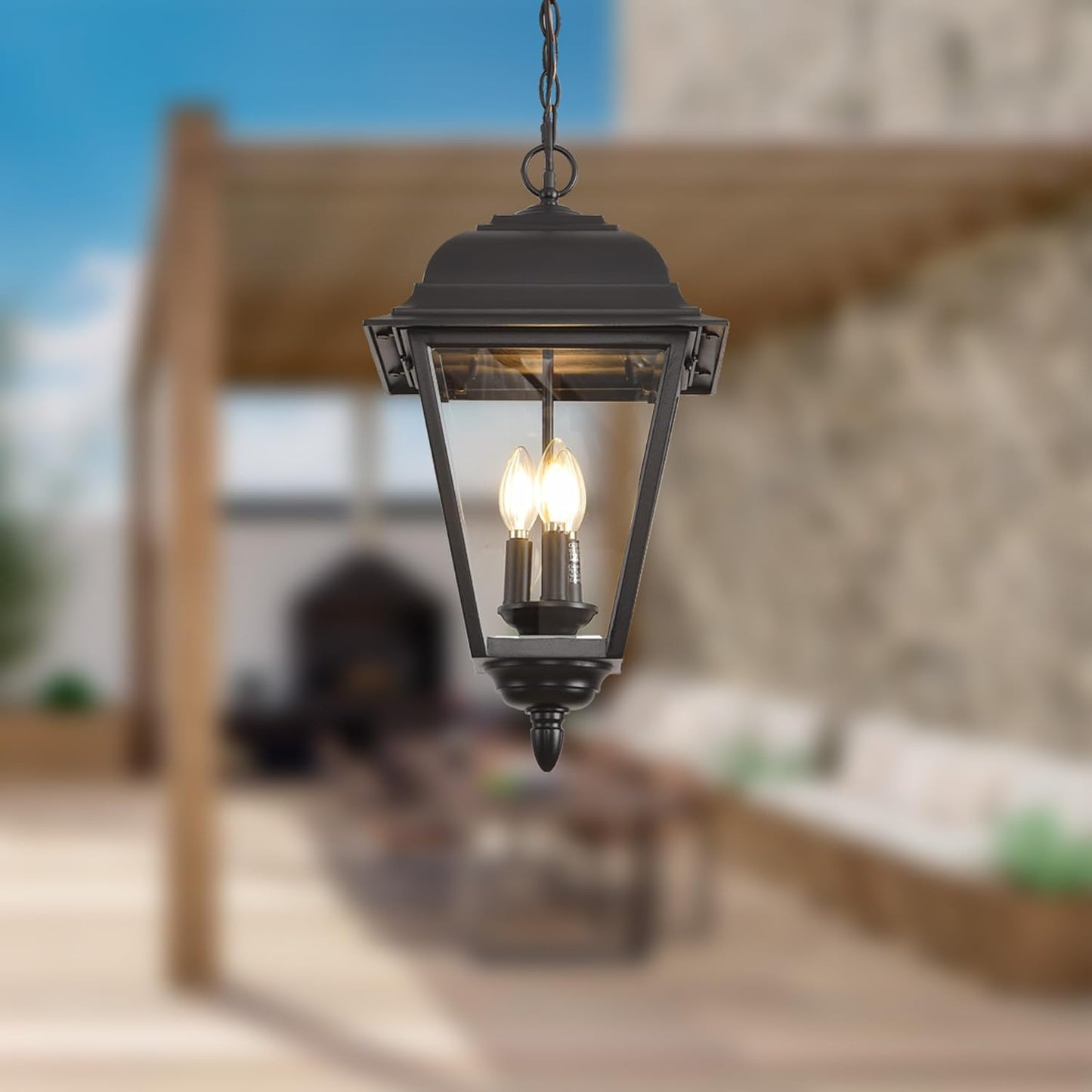 Smeike Outdoor Pendant Light, 3-Light Exterior Hanging Porch Light, Extra Large Outdoor Hanging Light Fixture with Clear Glass, Waterproof Black