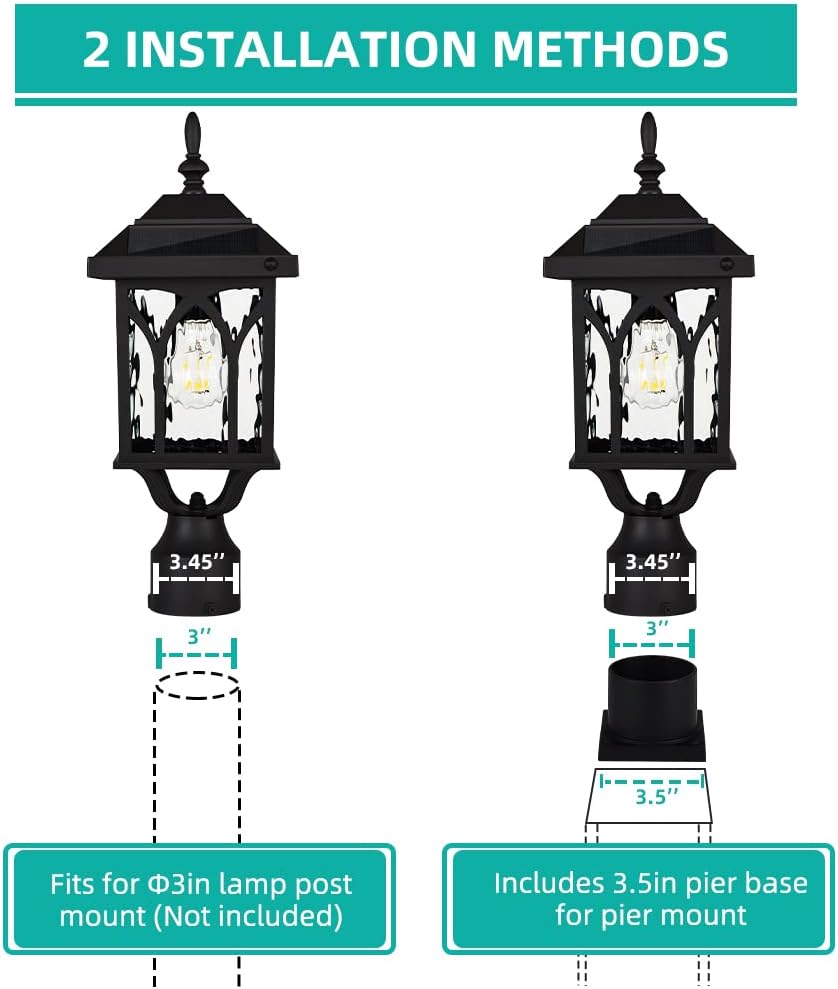 Zinnze Solar Lamp Post Light OutdoorSolar Outdoor Post Light with 3.5in Pier Mount BaseMatte BlackSuitable for Wet Locations