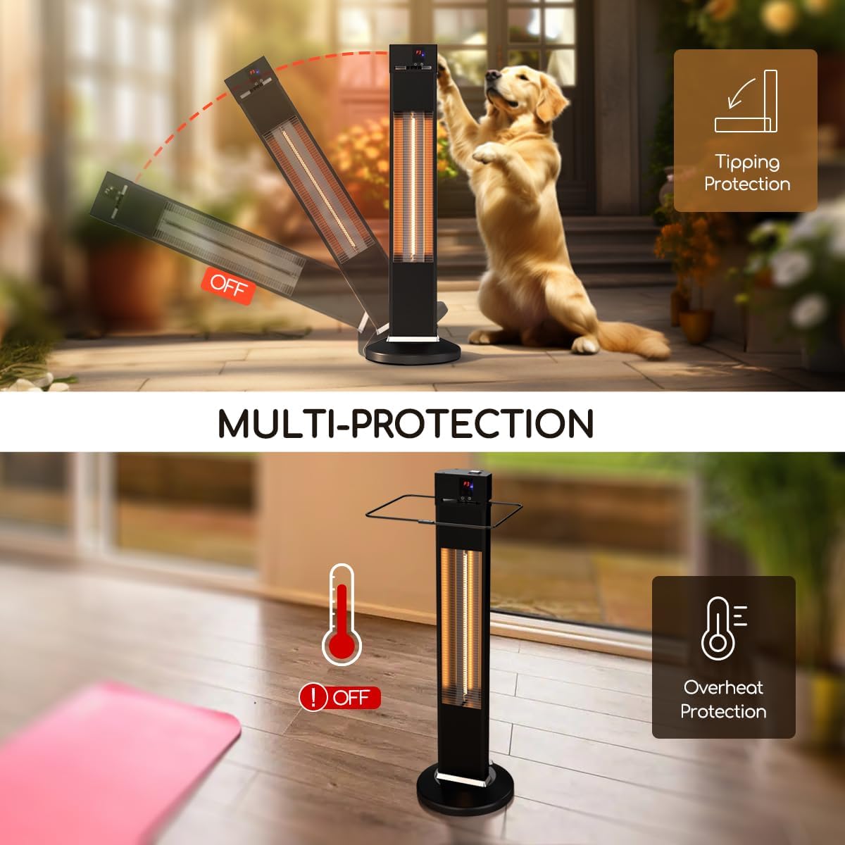 Portable Waterproof Tower Space Heater for Bathroom, Office, Garage, Backyard, 1500W Carbon Fiber Tub Electric Heater with 24H Timers, 3 Heat Levels Tip-Over and Overheat Protection Remot